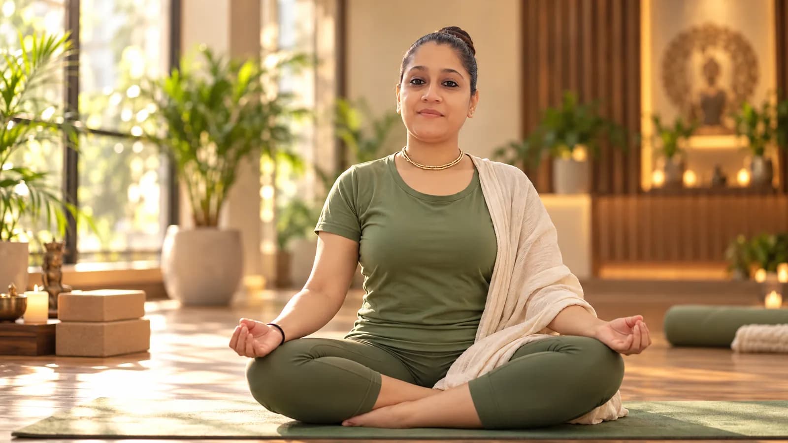 Yashasvi seated in meditation on a green mat in a sunlit studio filled with plants