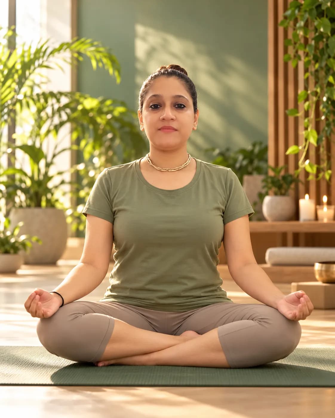Yashasvi in cross-legged meditation with hands in mudra, soft green wall behind