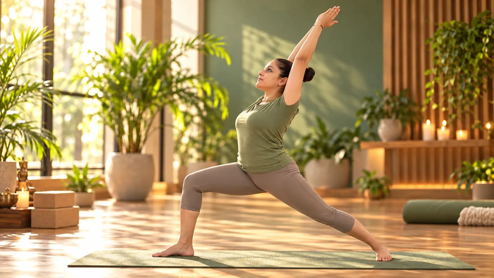 Yashasvi in a high lunge with arms raised, gazing upward