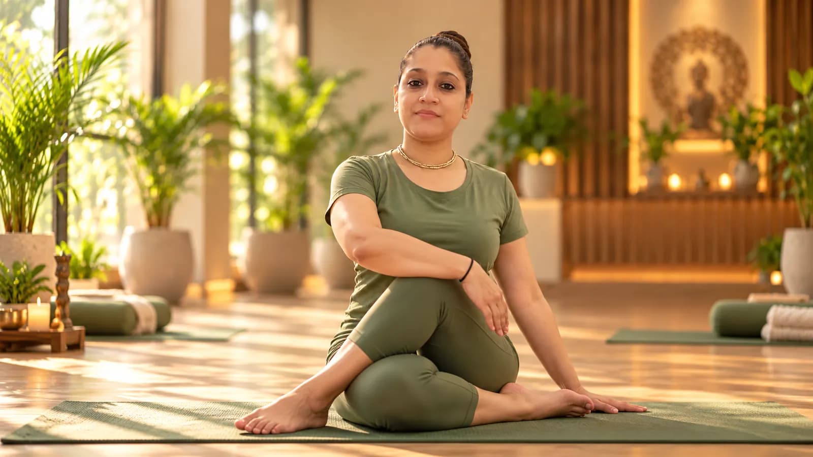 Yashasvi in a seated spinal twist on a green mat