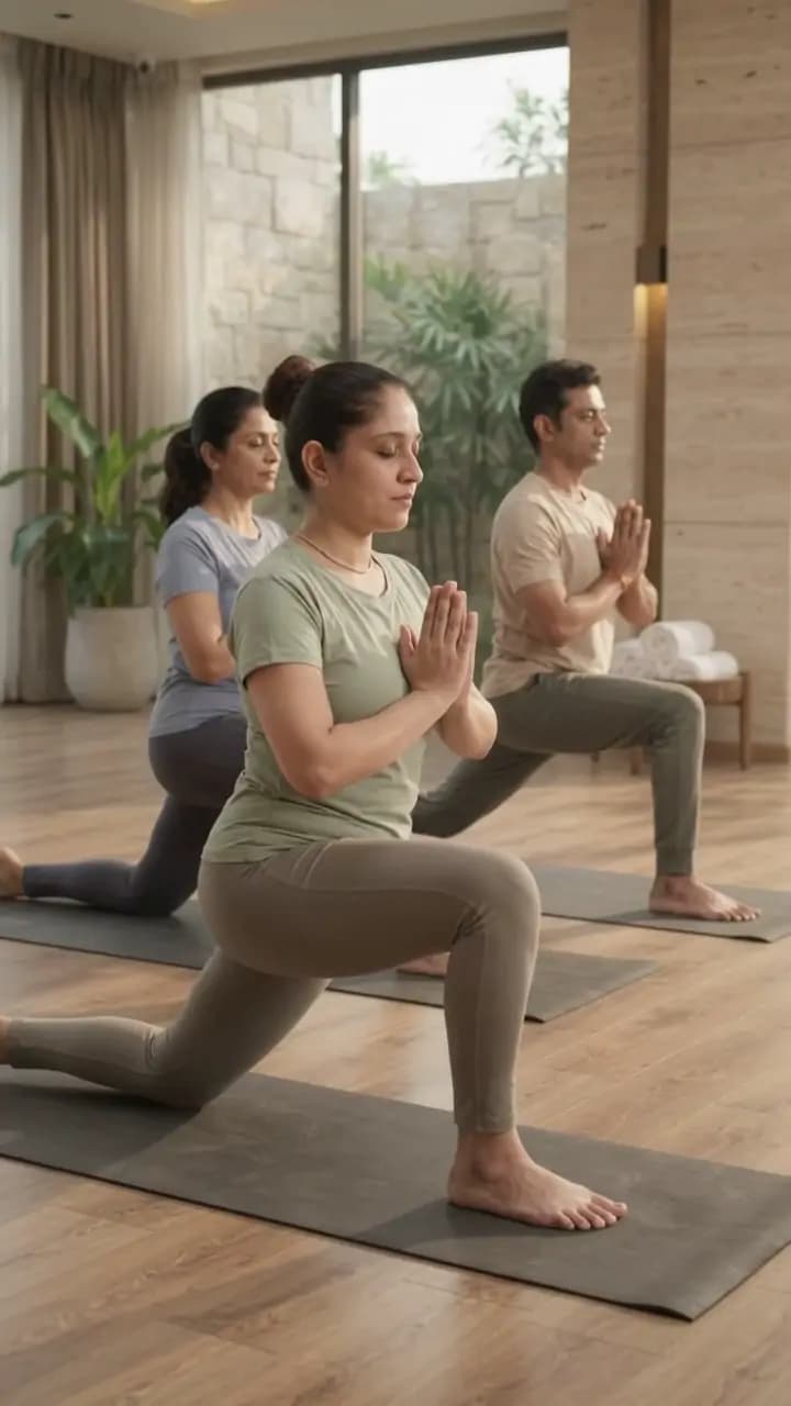 Yashasvi and students holding a low lunge with palms joined at the heart