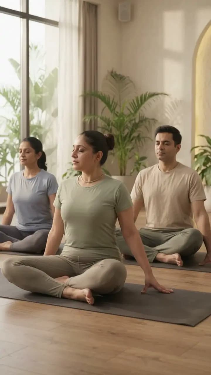 Yashasvi leading a small group in seated meditation in a light-filled studio