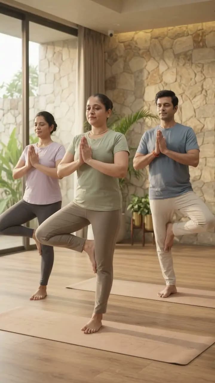 Yashasvi and two students balancing in tree pose with hands in namaste
