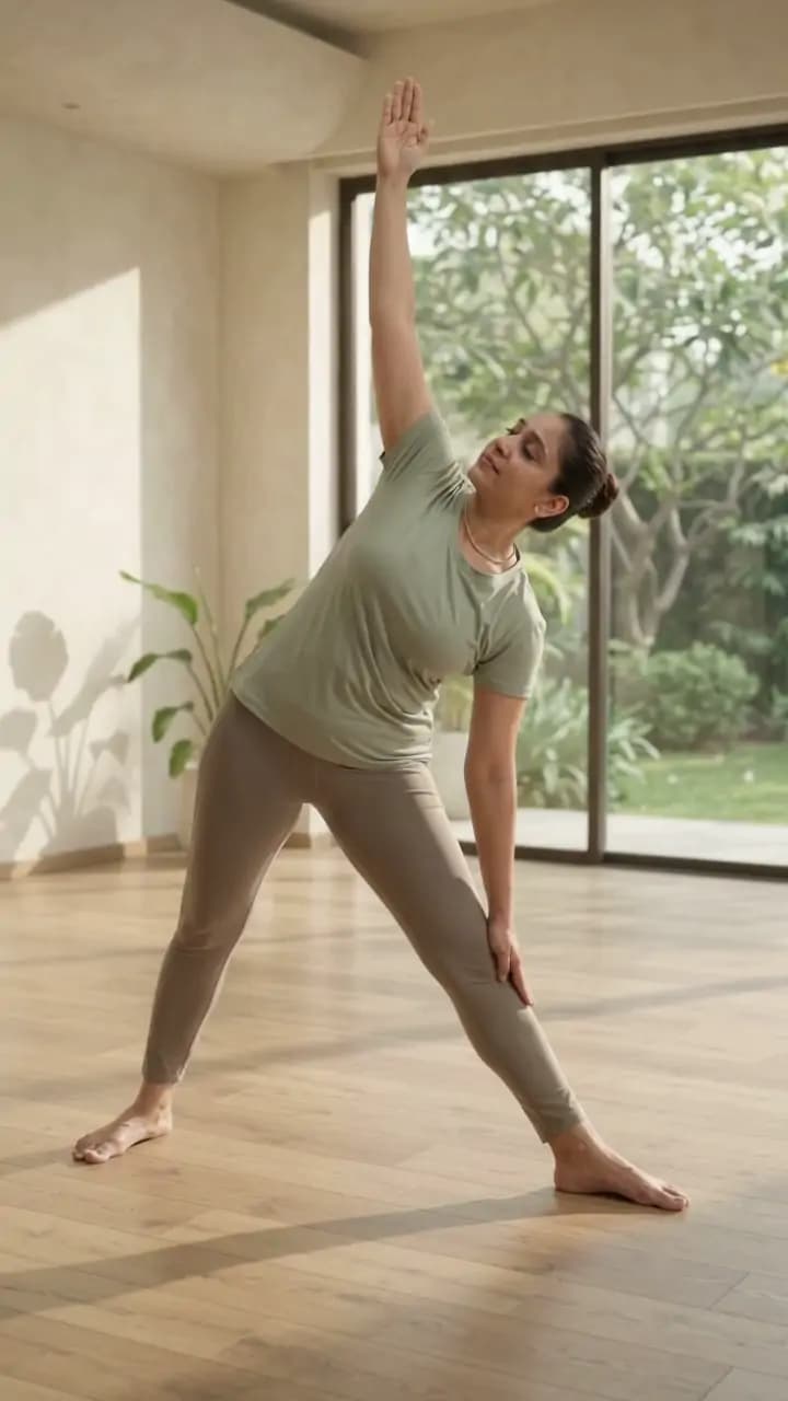 Yashasvi in triangle pose, one arm reaching upward, in a bright studio